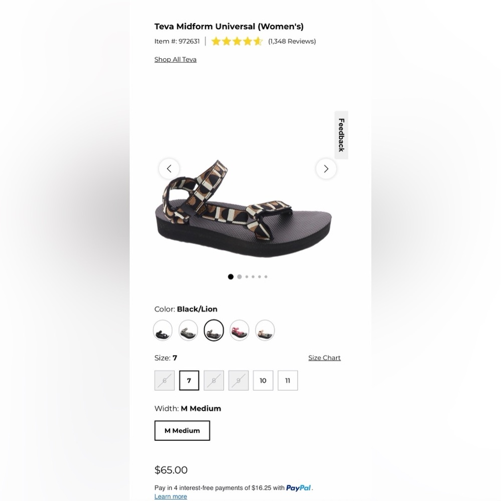 NWB Teva Midform Universal Women's Strappy Sandal Black/ Lion Size 7